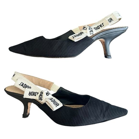 Christian Dior Women’s J’Adior Ribbon Black Cloth Point Toe Kitten Heels Sz 37 - Picture 6 of 12